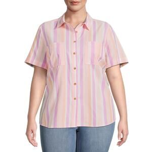 Terra & Sky Size 1X 16 18 Striped Linen Blend Short Sleeve Camp Shirt Top Pink